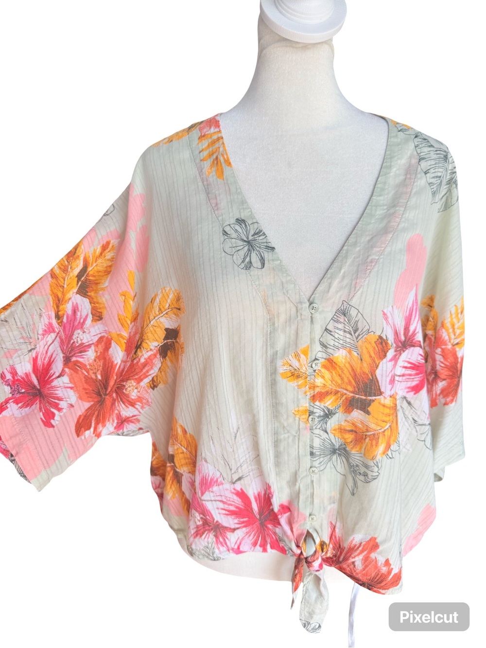 Express Floral Tie-Front Tropical Flowers Print Top